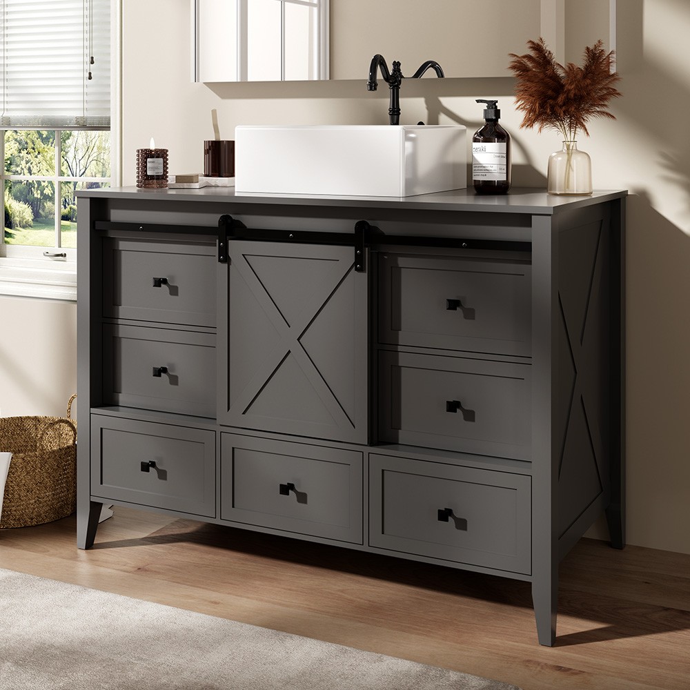 48″ Freestanding Vanity w/Sink Bathroom Vanities Cabinet Barn Door 7Drawers Gray