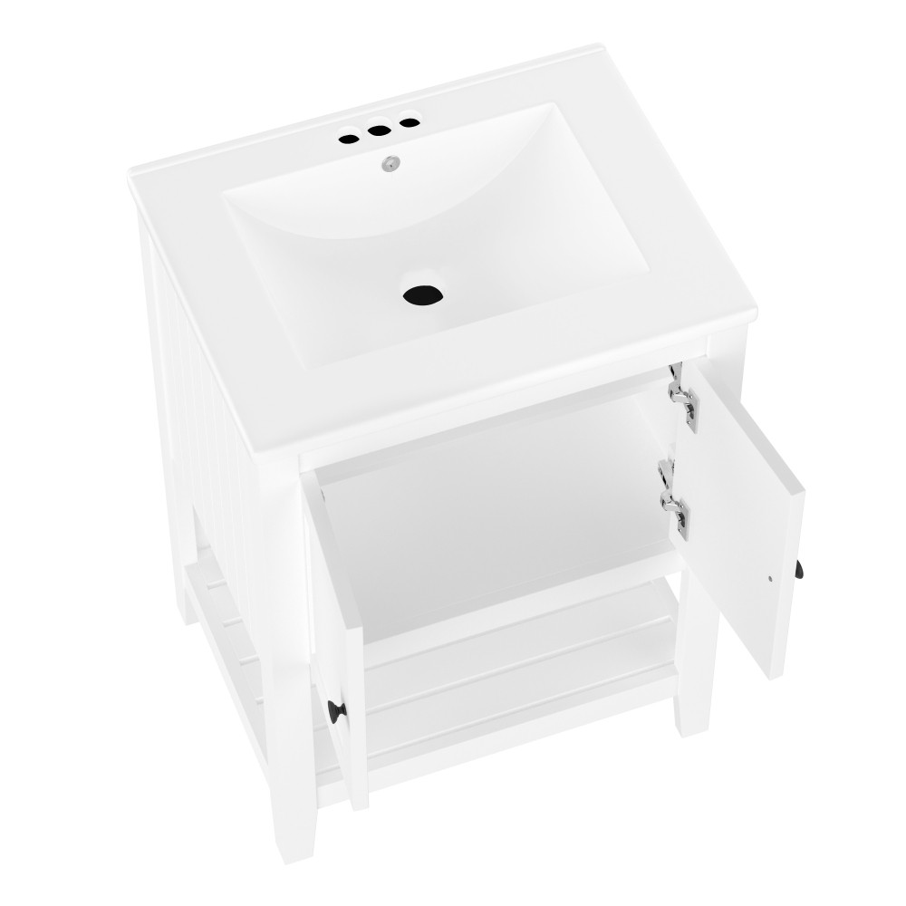 24″ White Bathroom Vanity w/Ceramic Sink & Solid Wood Frame