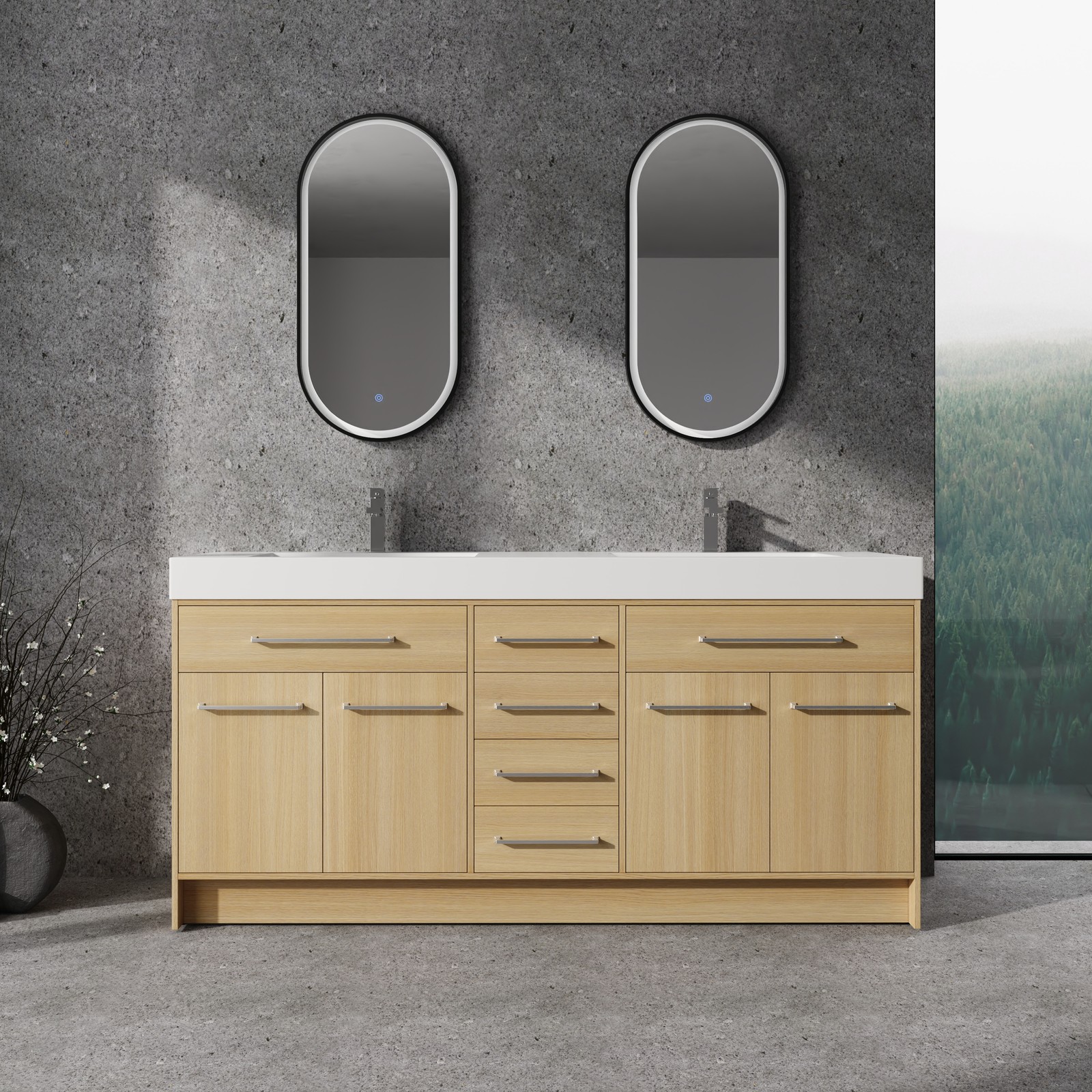 72 in Plywood Bathroom Vanity Freestanding W/Double Resin Sink+4 Doors 6 Drawers