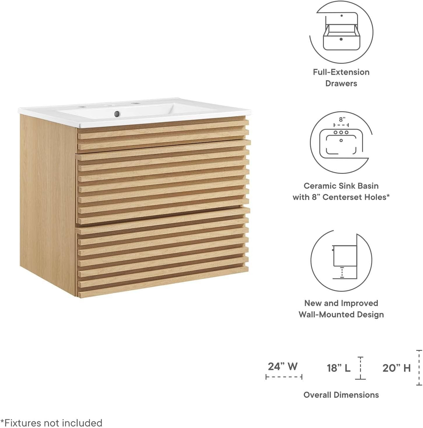 24″ Oak White Wall-Mount Bathroom Vanity for Modern Spaces