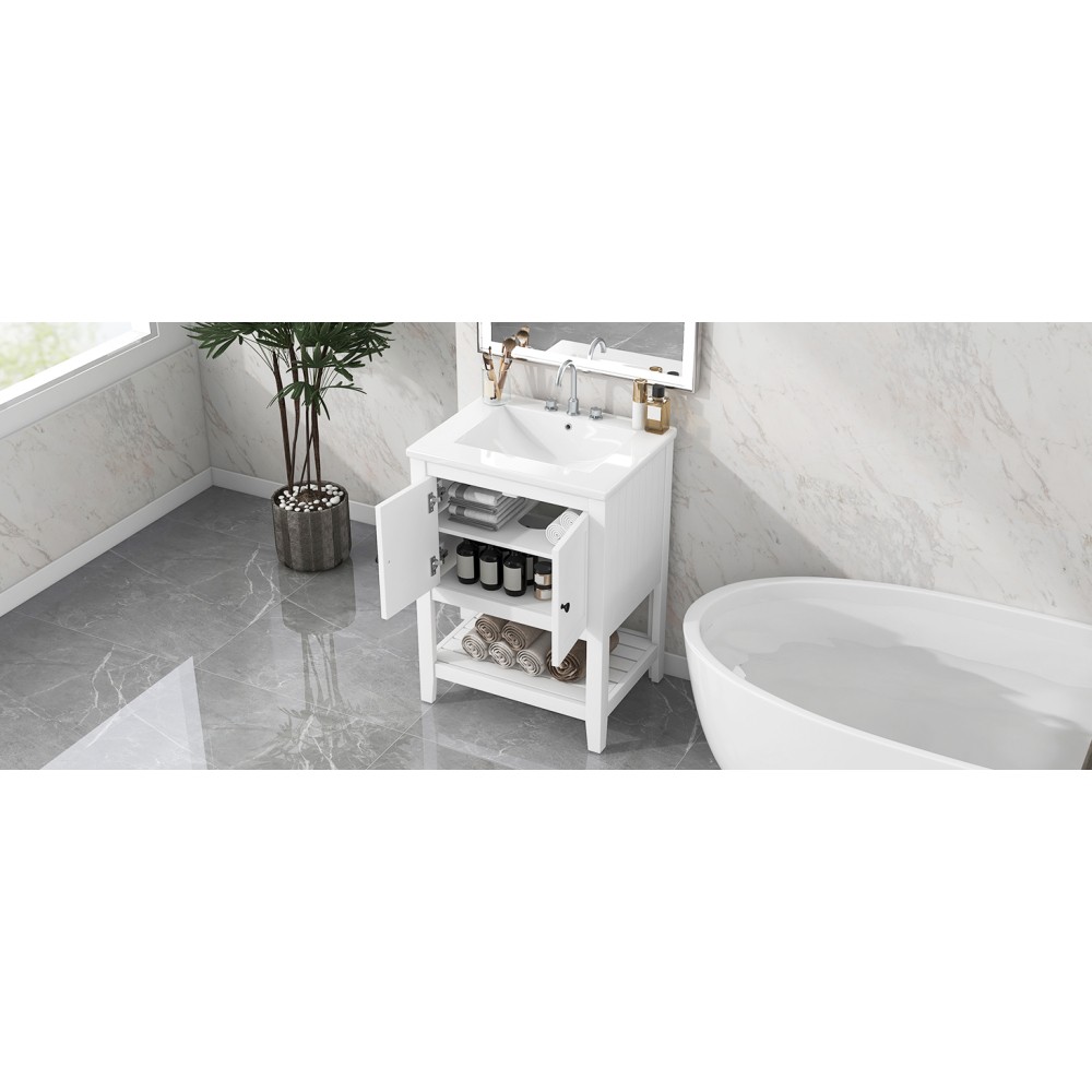 24″ White Bathroom Vanity w/Ceramic Sink & Solid Wood Frame