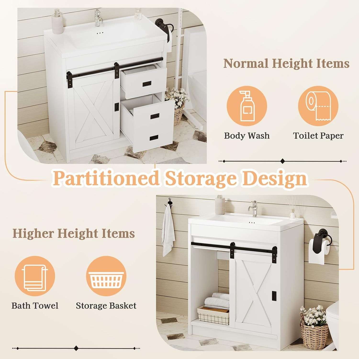 4Ever2Buy 30″ Farmhouse Bathroom Vanity with Sink, Small White Bathroom Vanity C