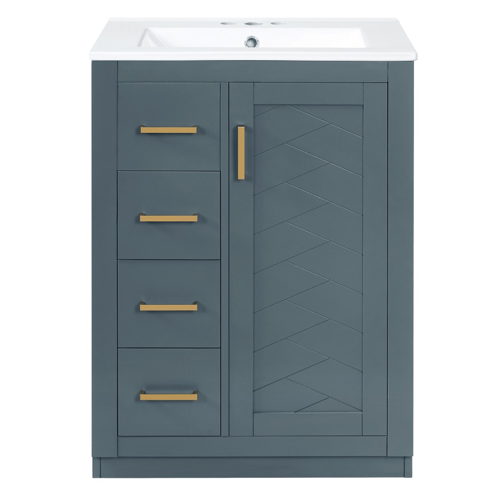 24 Inch Single Sink Bathroom Vanity Ceramic Top Drawers Storage Cabinet