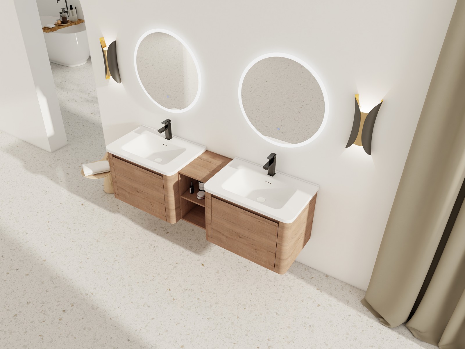 68″ Wall-Mount Bathroom Vanity w/White Ceramic Sink Door Plywood Storage Cabinet
