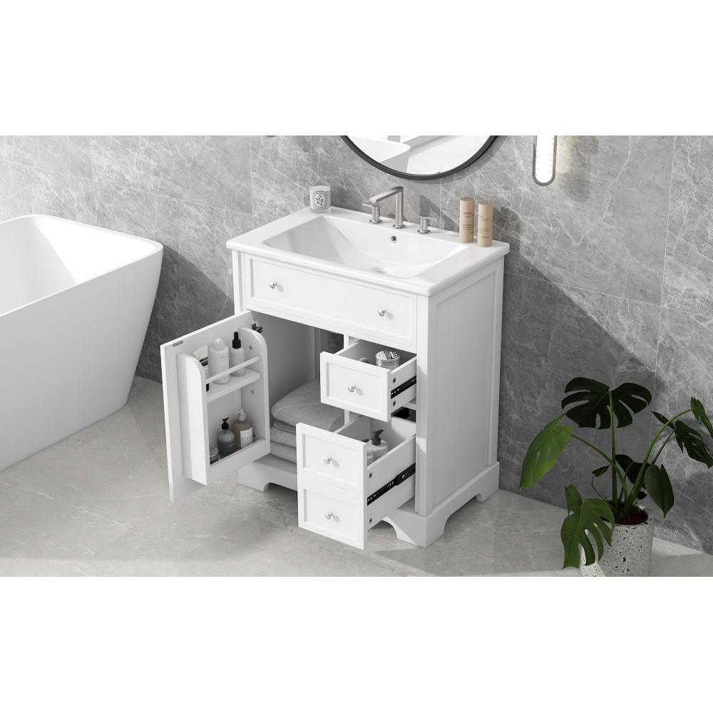 30 Inch White Bathroom Vanity with Ceramic Sink Top Solid Wood MDF Cabinet