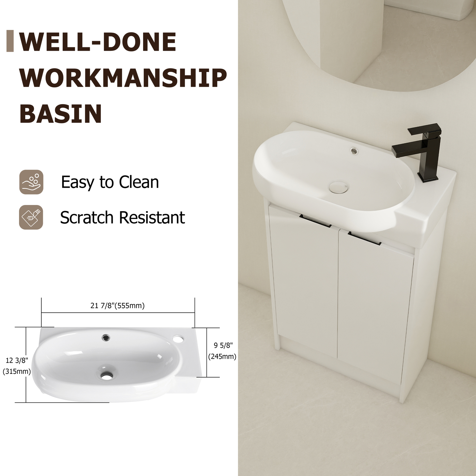 23″ Plyood Freestanding Small Bathroom Vanity Cabinet +Ceramic Sink Combo White