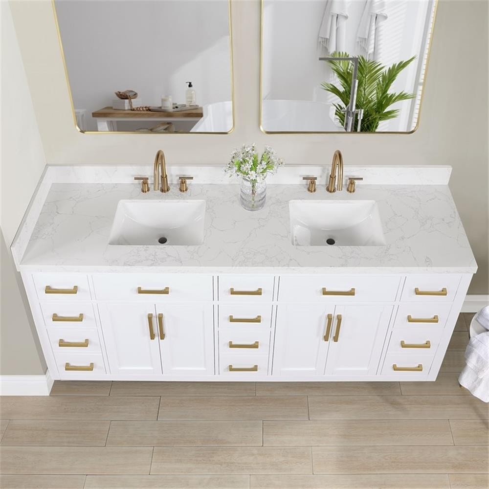 Gavino 84″ Wood Vanity in White with Composite Stone Top with Mirror