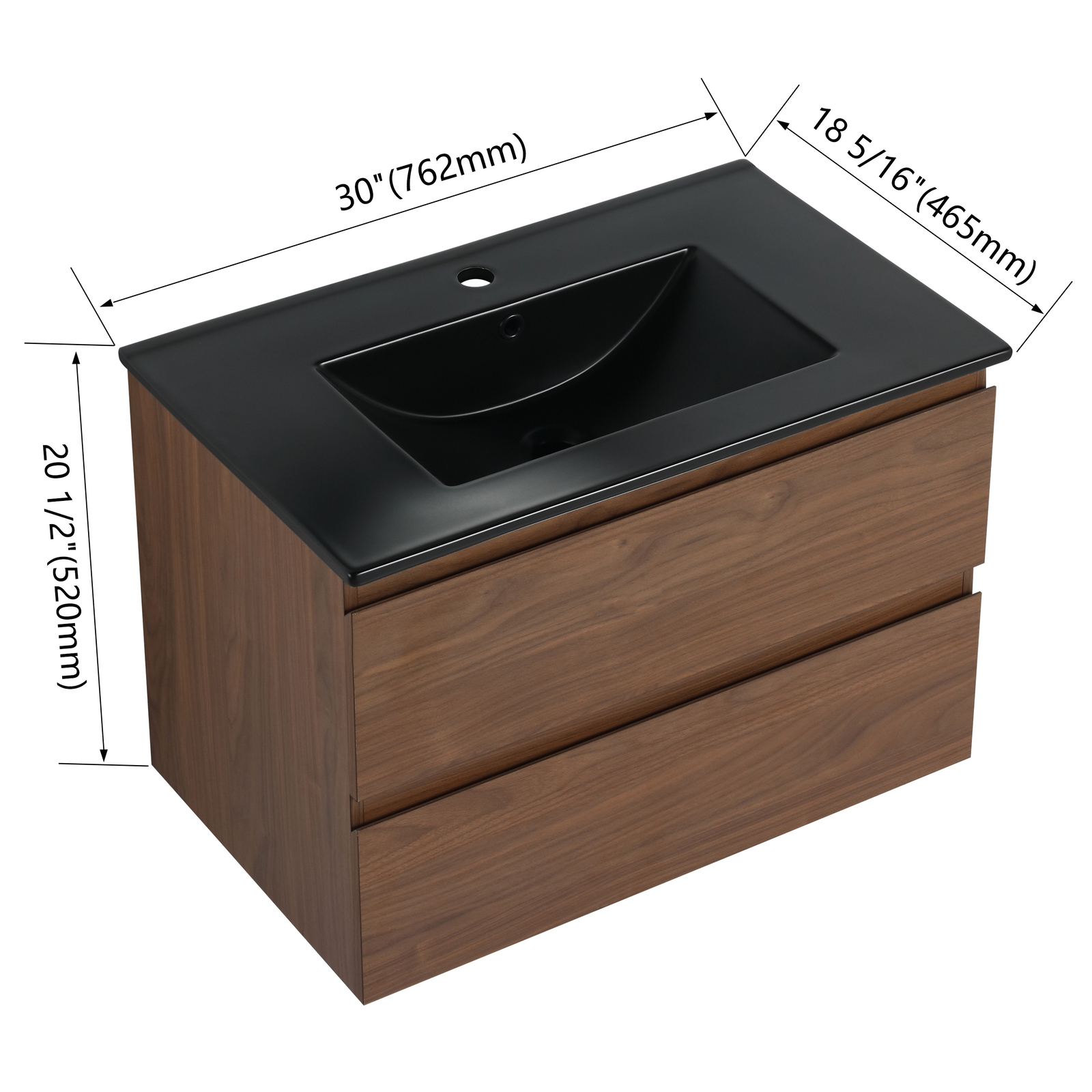 30 Inch Floating Wall Mounted Bathroom Vanity +Black Ceramic Sink 2 Drawer Brown
