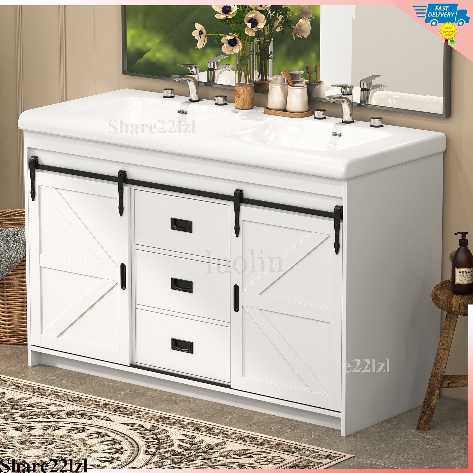 47inch Bathroom Vanity with Ceramic Sink,Bathroom Cabinet w/2 Soft Close Doors