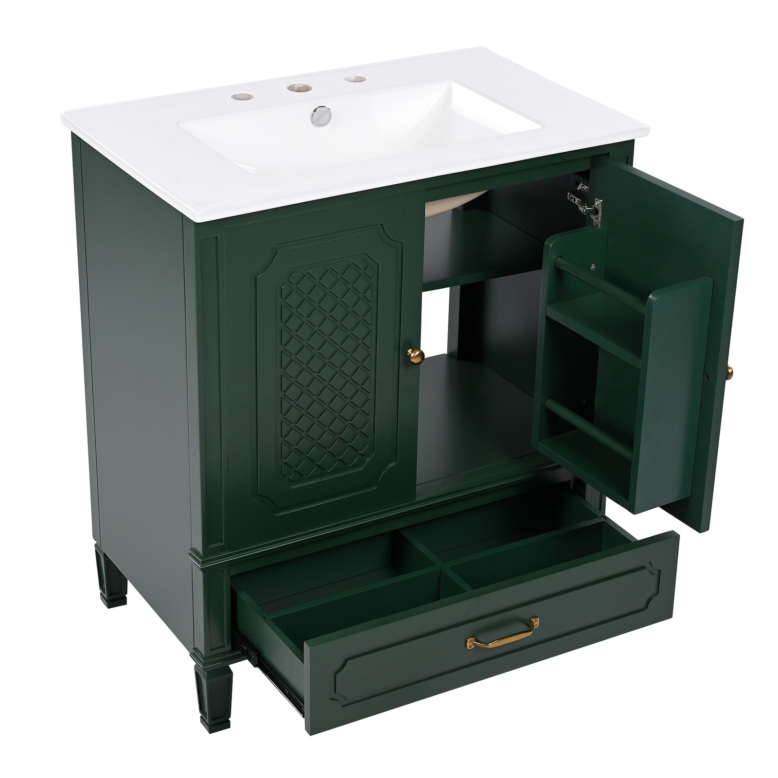 30″ Bathroom Vanity with Ceramic Sink, Green, Soft-Close Door & Drawer
