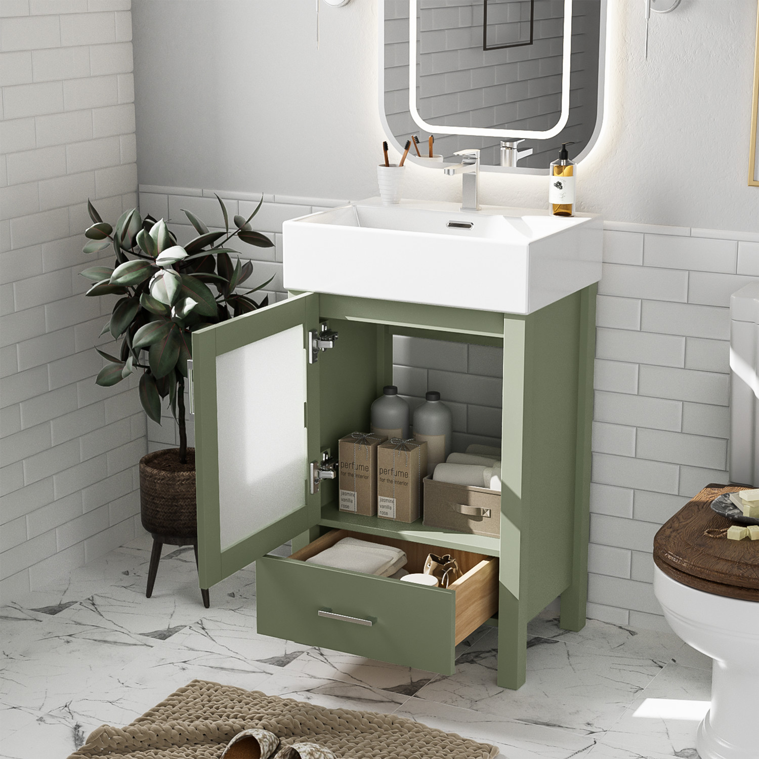 20″ Bathroom Vanity w/ Ceramic Sink, Freestanding Bath Vanity Cabinet, Drawer