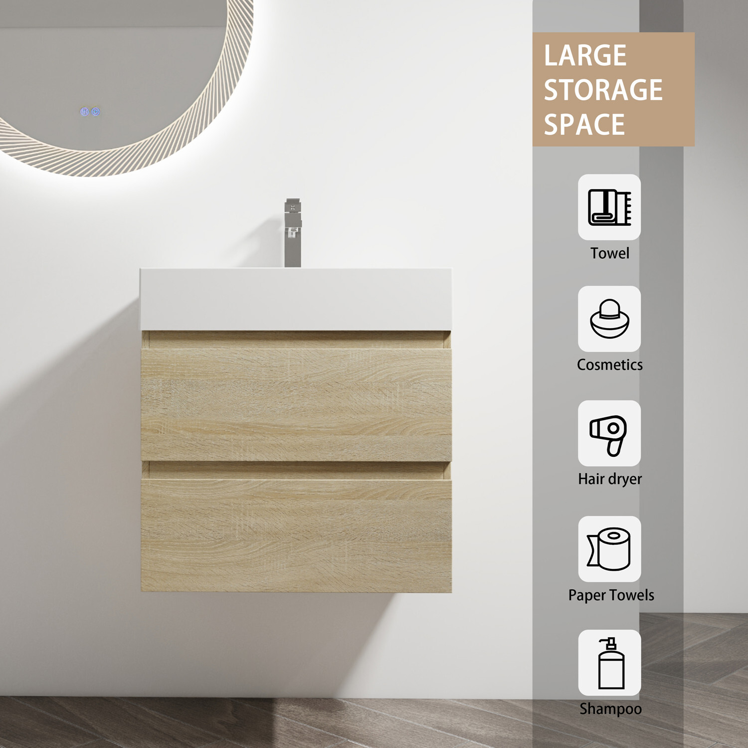 24″ 30″ 36″ Wall Mounted Bathroom Vanity w/Sink,Floating Vanity Cabinet,2 Drawer