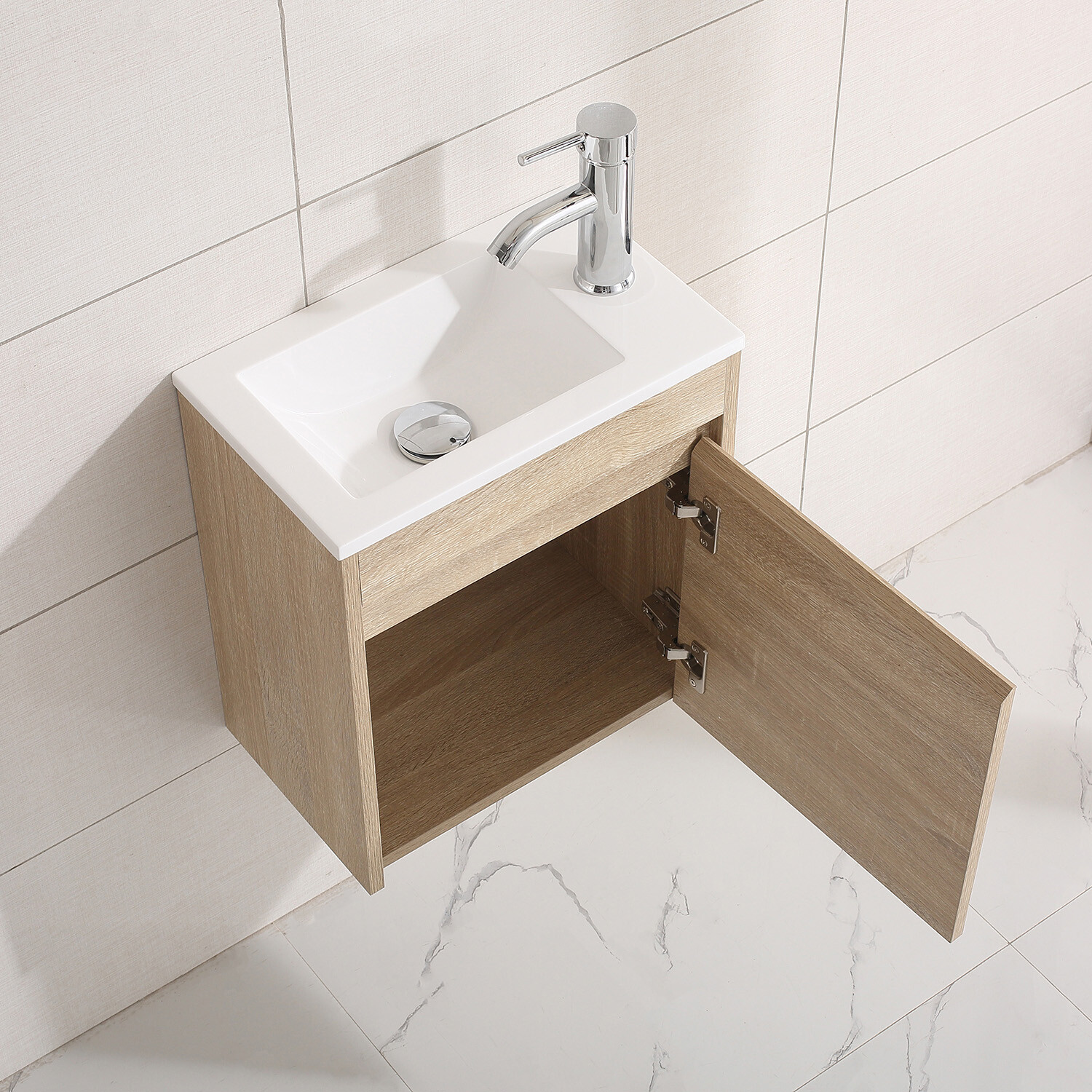 16″ Wall Mounted Bathroom Vanity w/ White Sink Left / Right Side Faucet Set