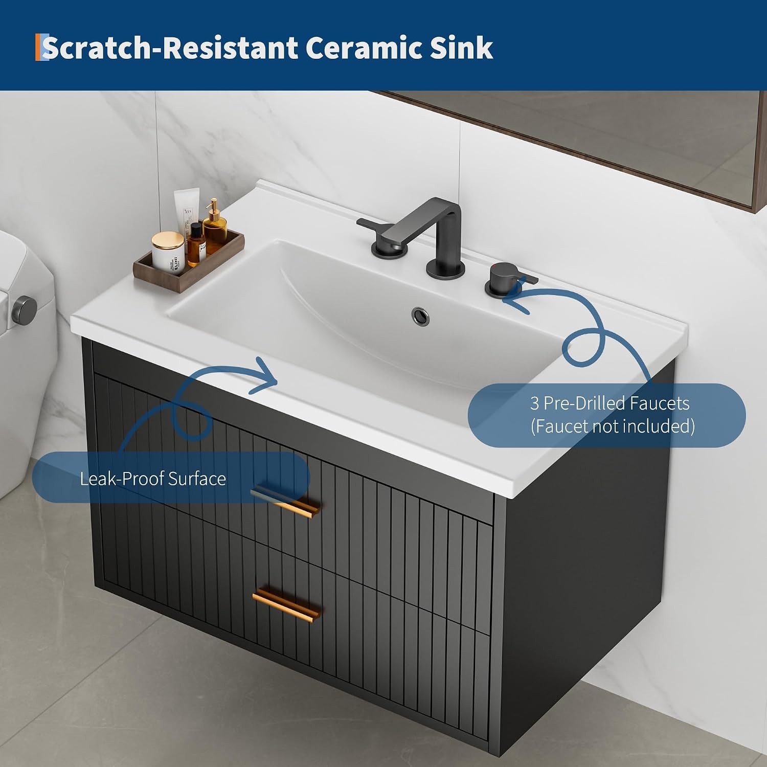 30” Floating Fluted Bathroom Vanity w/ Ceramic Sink Wall Mounted Vanity Cabinet