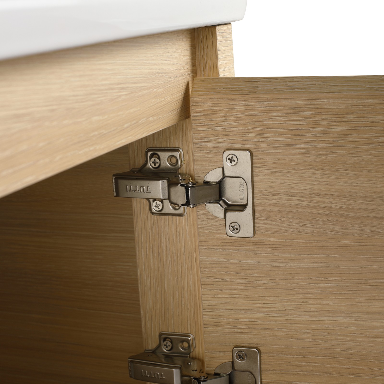 68in Plywood Wall-Mounted Bathroom Vanity W/ 2x White Ceramic Sink and Shelves