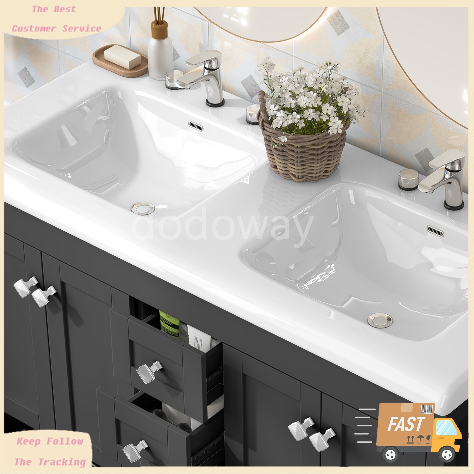 Modern 47″ Double Sink Vanity Freestanding Ceramic Bathroom Cabinet Black