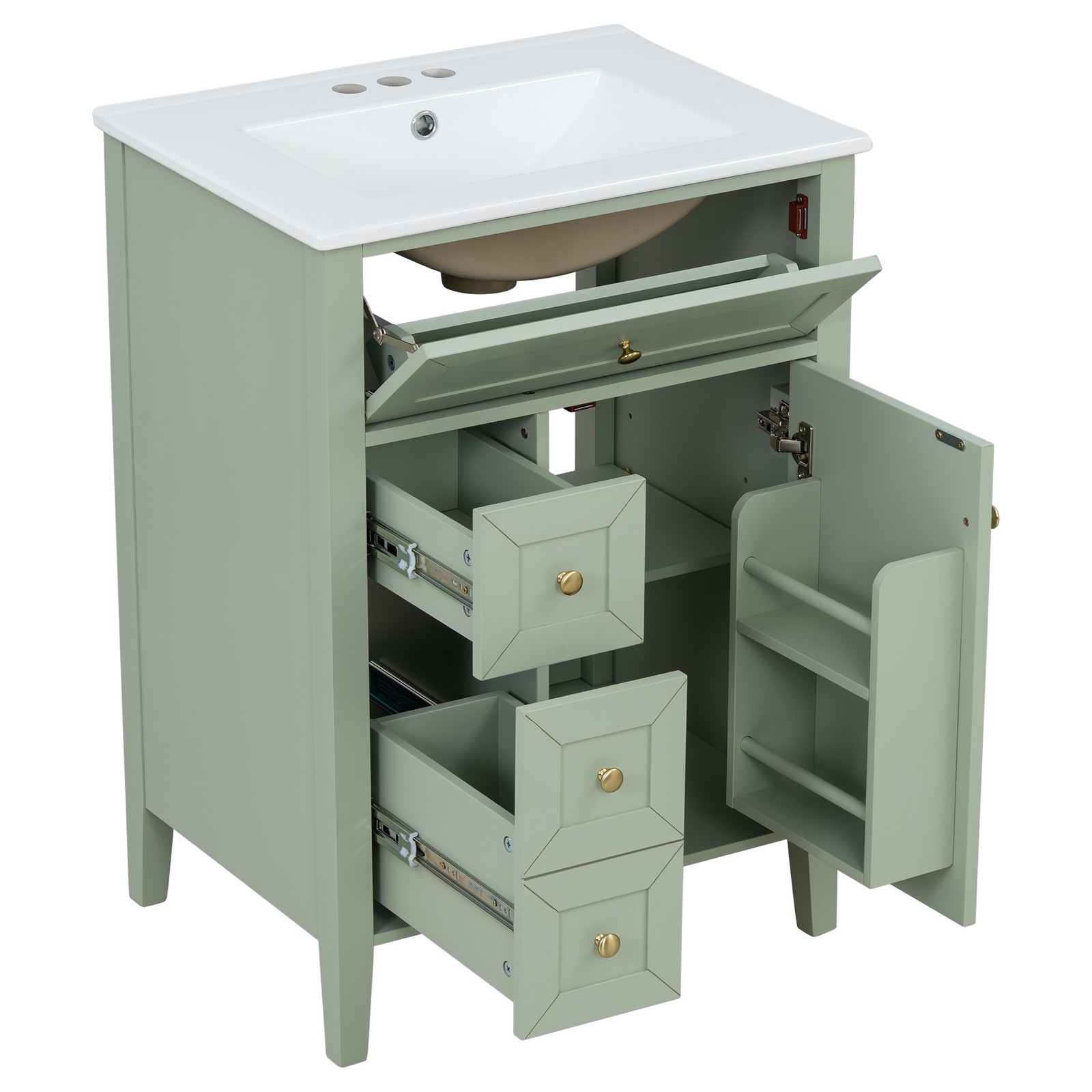 24″ Light Green Bathroom Vanity with Ceramic Sink and Storage Drawers