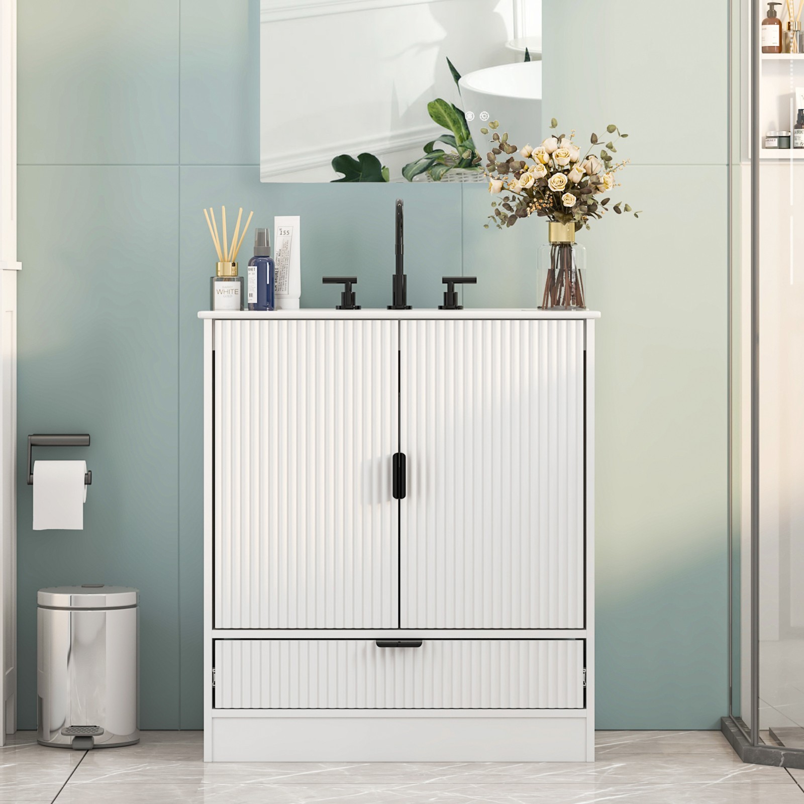 30″ Bathroom Vanity with Sink, Freestanding Vanity Storage Cabinet, 2 Doors