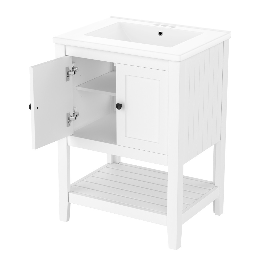 24″ White Bathroom Vanity w/Ceramic Sink & Solid Wood Frame