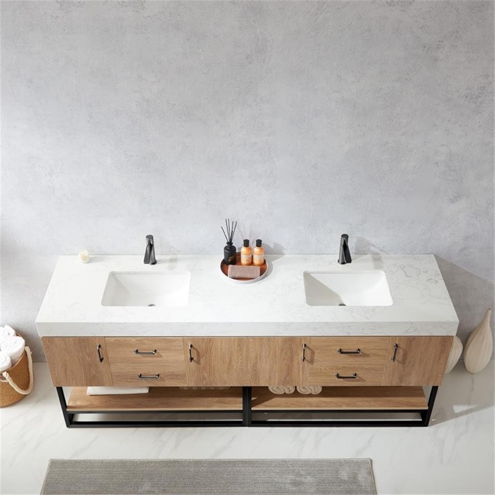 Pemberly Row 84″ White Stone Top Oak Double Vanity Black Frame w/o Mirror