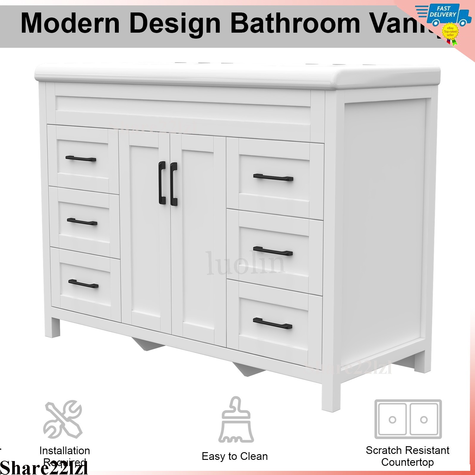 47″ Bathroom Vanity Cabinet White Freestanding Drawers with Double Sink Ceramic