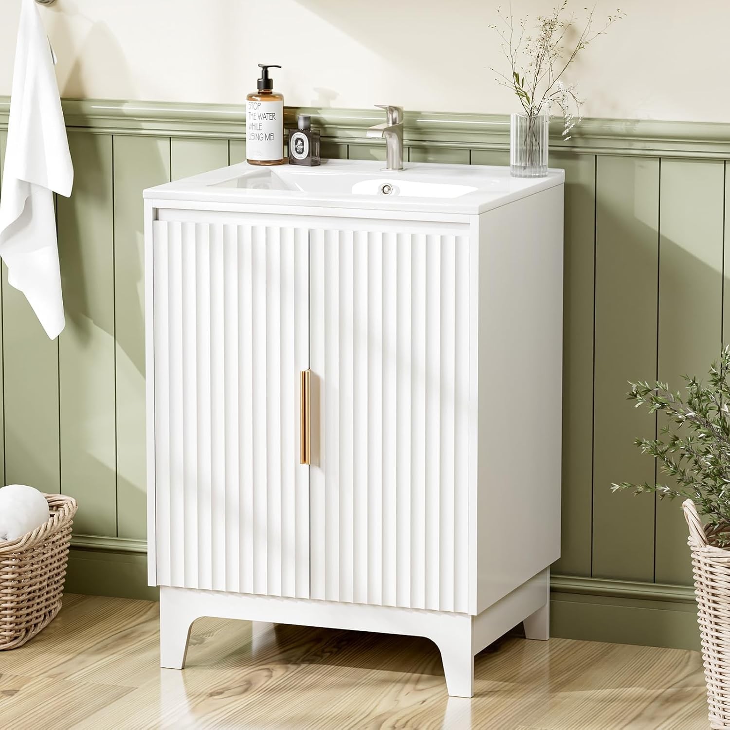 24″ Bathroom Fluted Vanity Cabinet with Sink with Ceramic Basin Bath Organizer