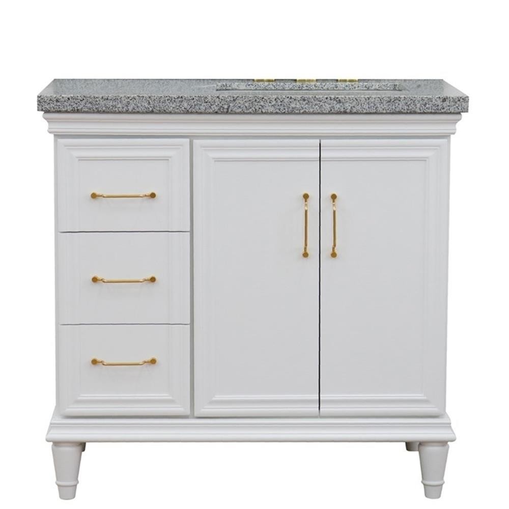 37 in. Single Wooden Vanity White Gray Granite Rectangle Right Door.Right Sink
