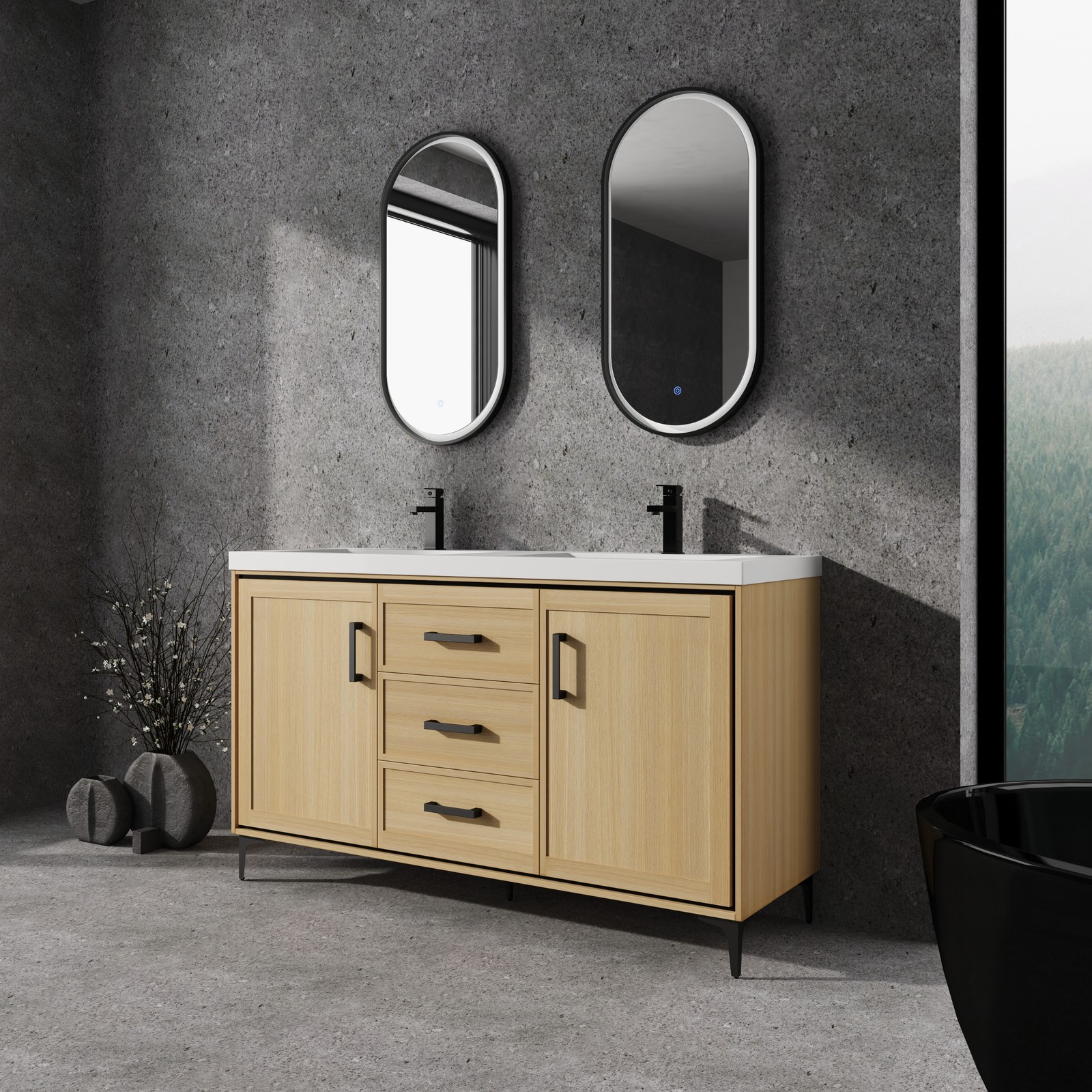 60 in Plywood Bathroom Vanity Freestanding W/Double Resin Sink +2 Doors 3Drawers