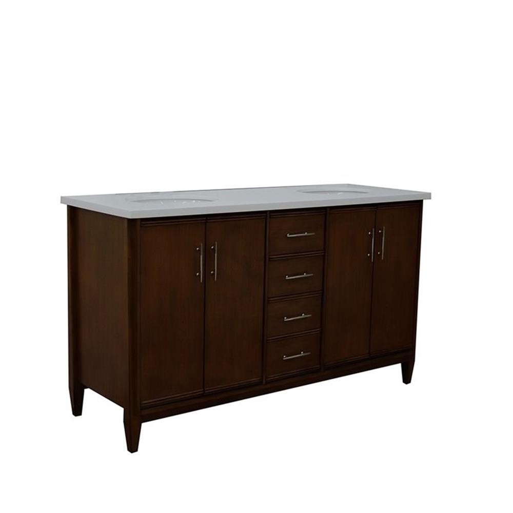 Pemberly Row 61″ Double Oval Sink Solid Wood Vanity in Walnut/White Quartz Stone