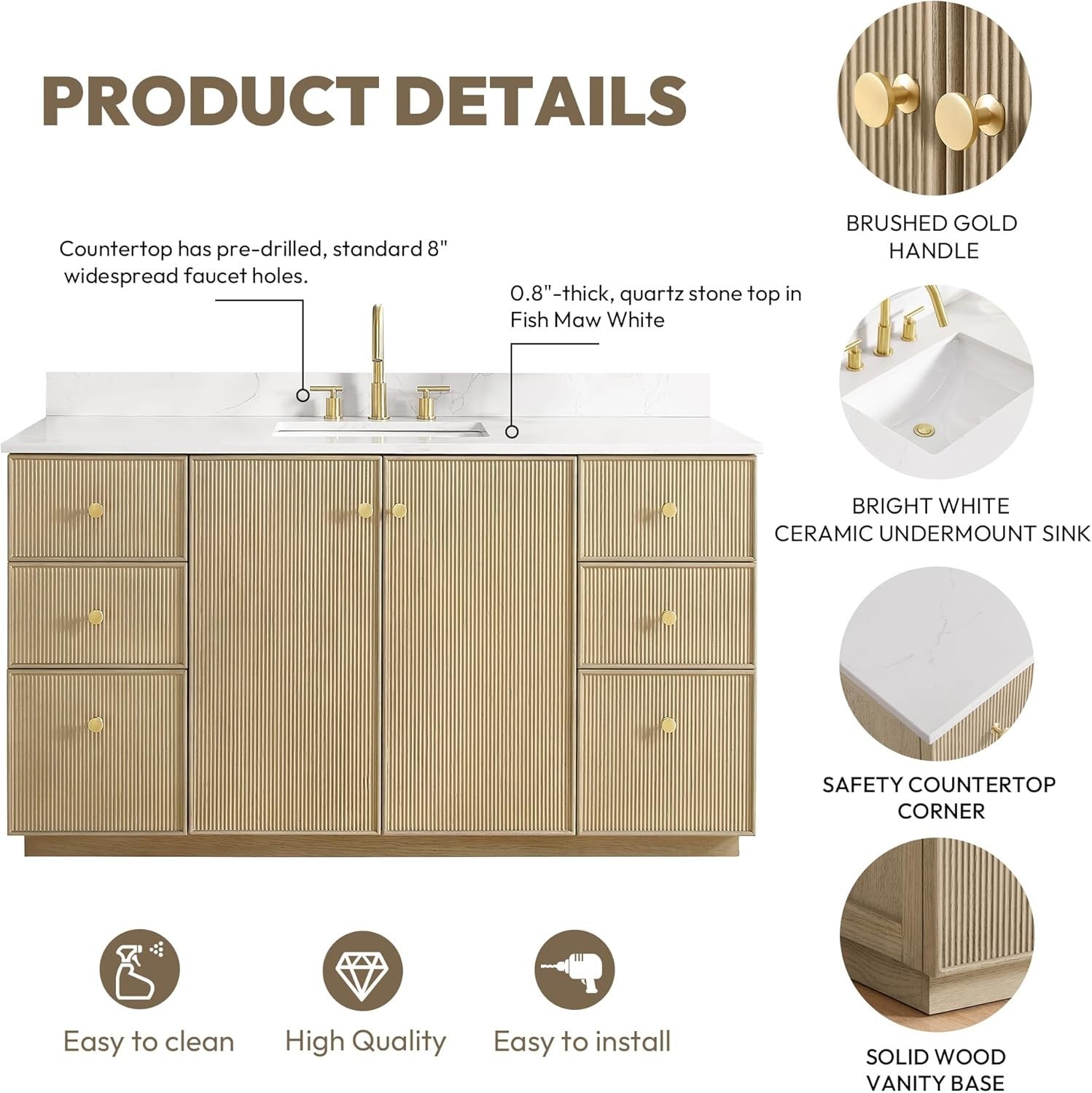 VINNOVA Oza 60″ Single Bath Vanity in Aged Natural Oak with Fish Maw White Quart