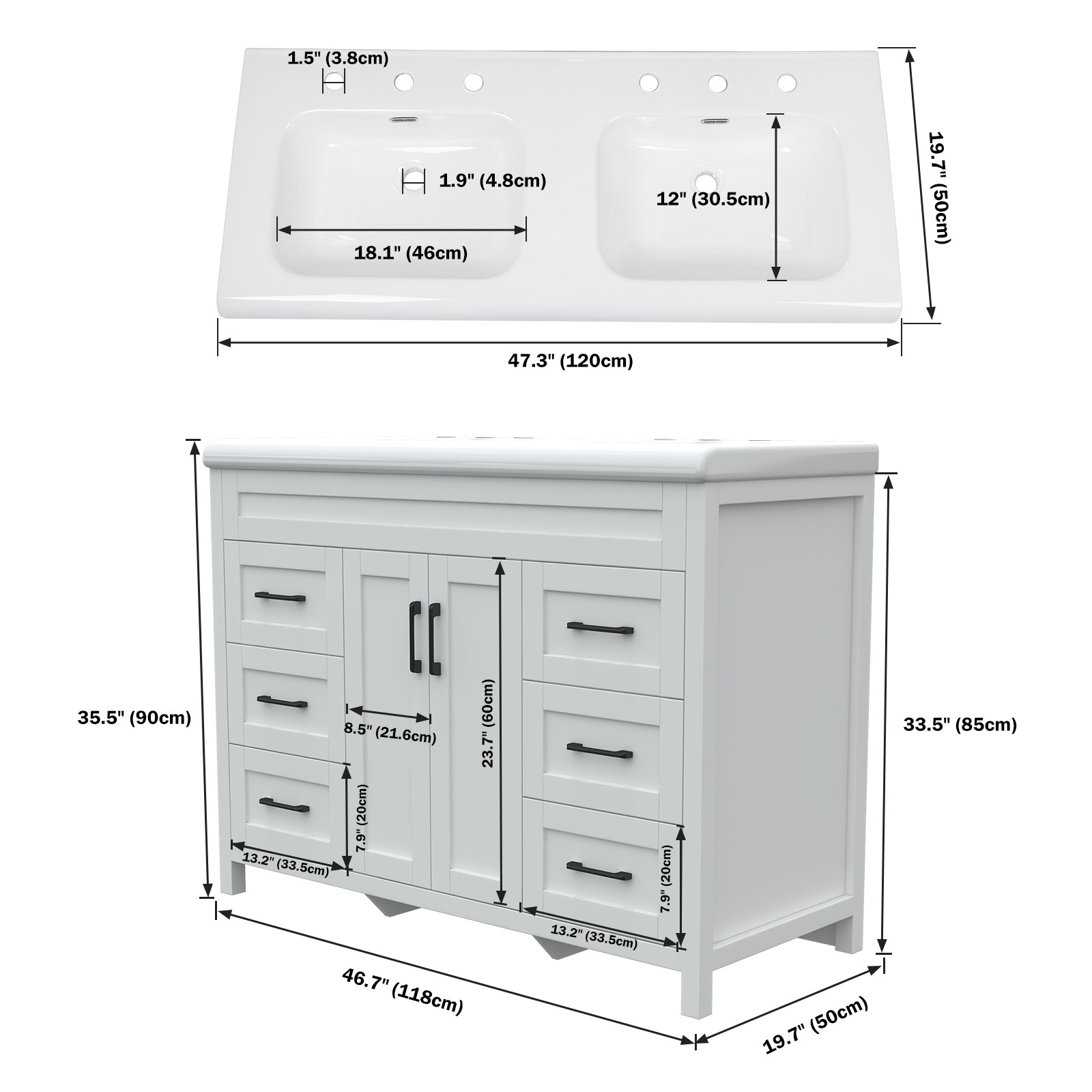 47″ Bathroom Double Sink Vanity Cabinet Ceramic Vessel Sink 6-Drawer Cabinet