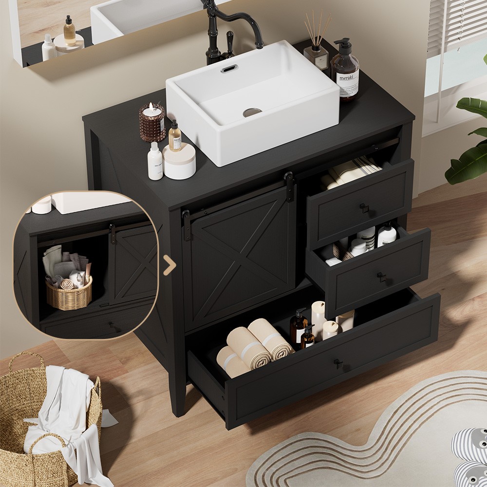 36″ Bathroom Vanity w/Sink Ceramic Freestanding Cabinet Wood Grain Texture Black