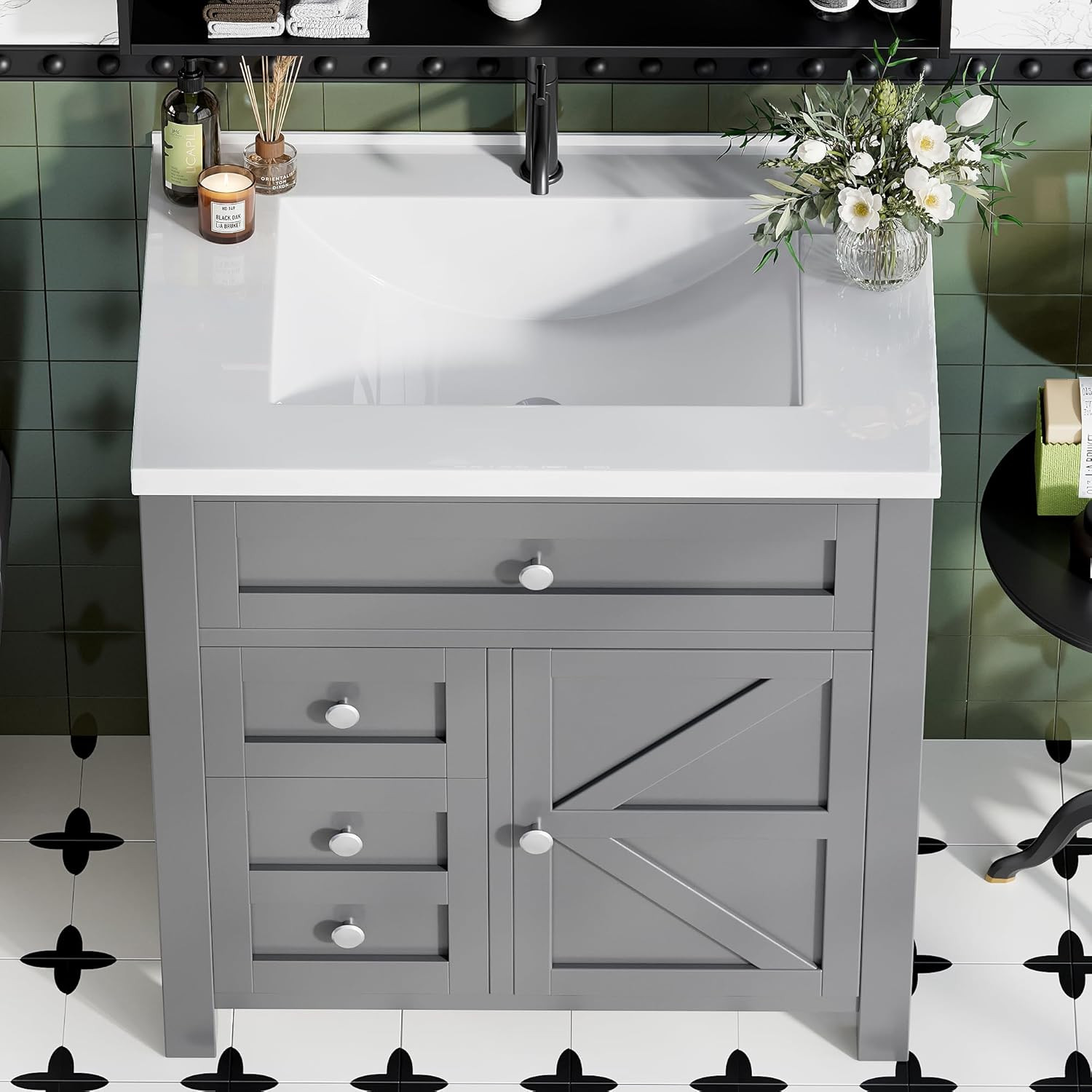 30” Grey Bathroom Vanity with Sink, Drawers & Metal Handles, Freestanding