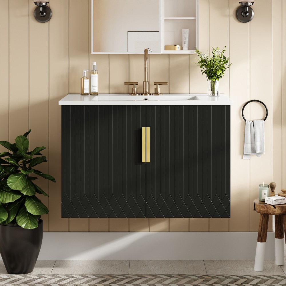 Bathroom Vanity W Ceramic Sink Three-Hole Mounting Features Two Soft-Close Doors