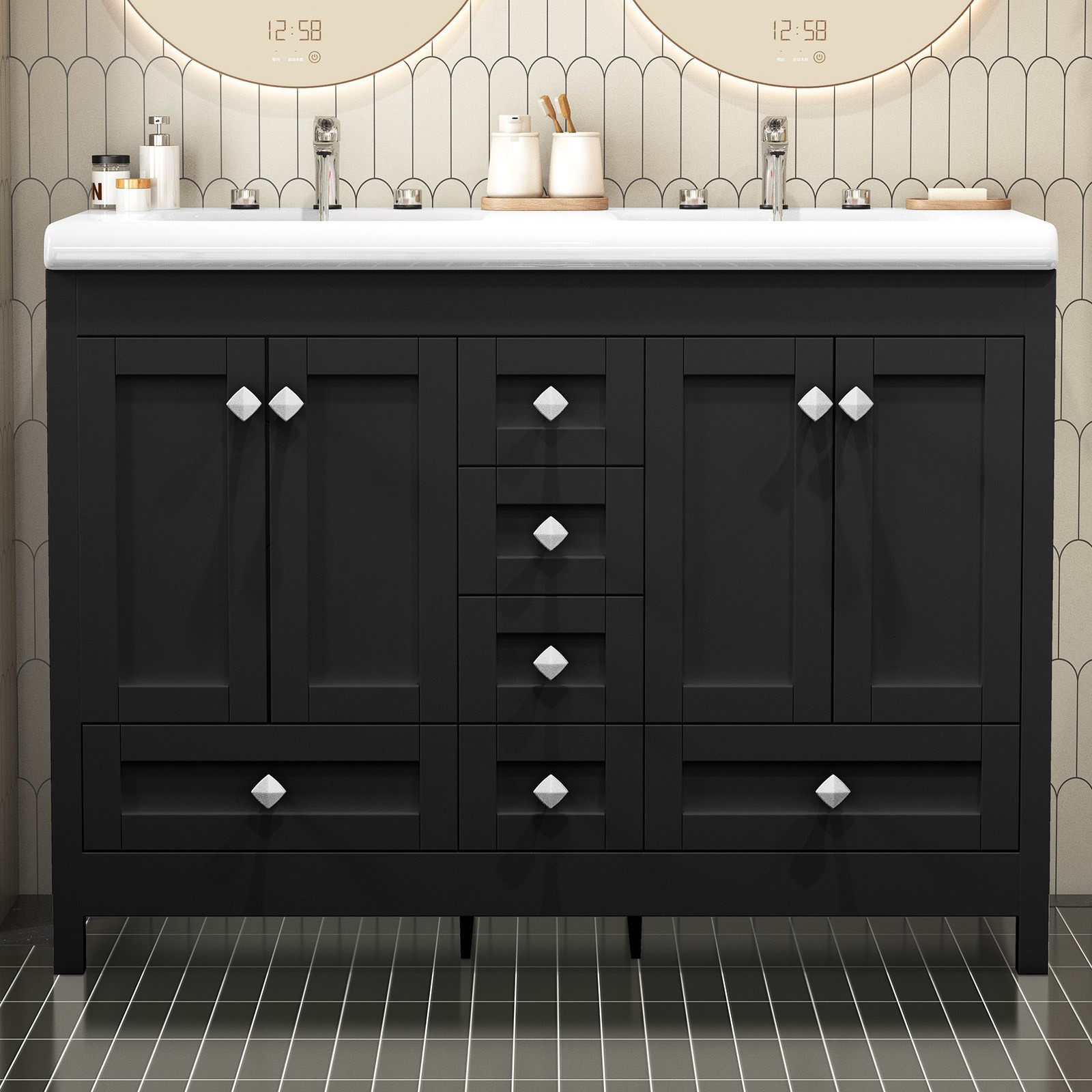 47” Double Bathroom Vanity Cabinet Ceramic Sink + Cabinet + 5 Drawers Black