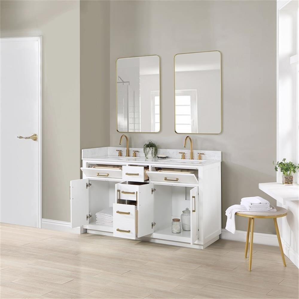 Gavino 60″ Wood Vanity in White with Grain White Composite Stone Top and Mirror