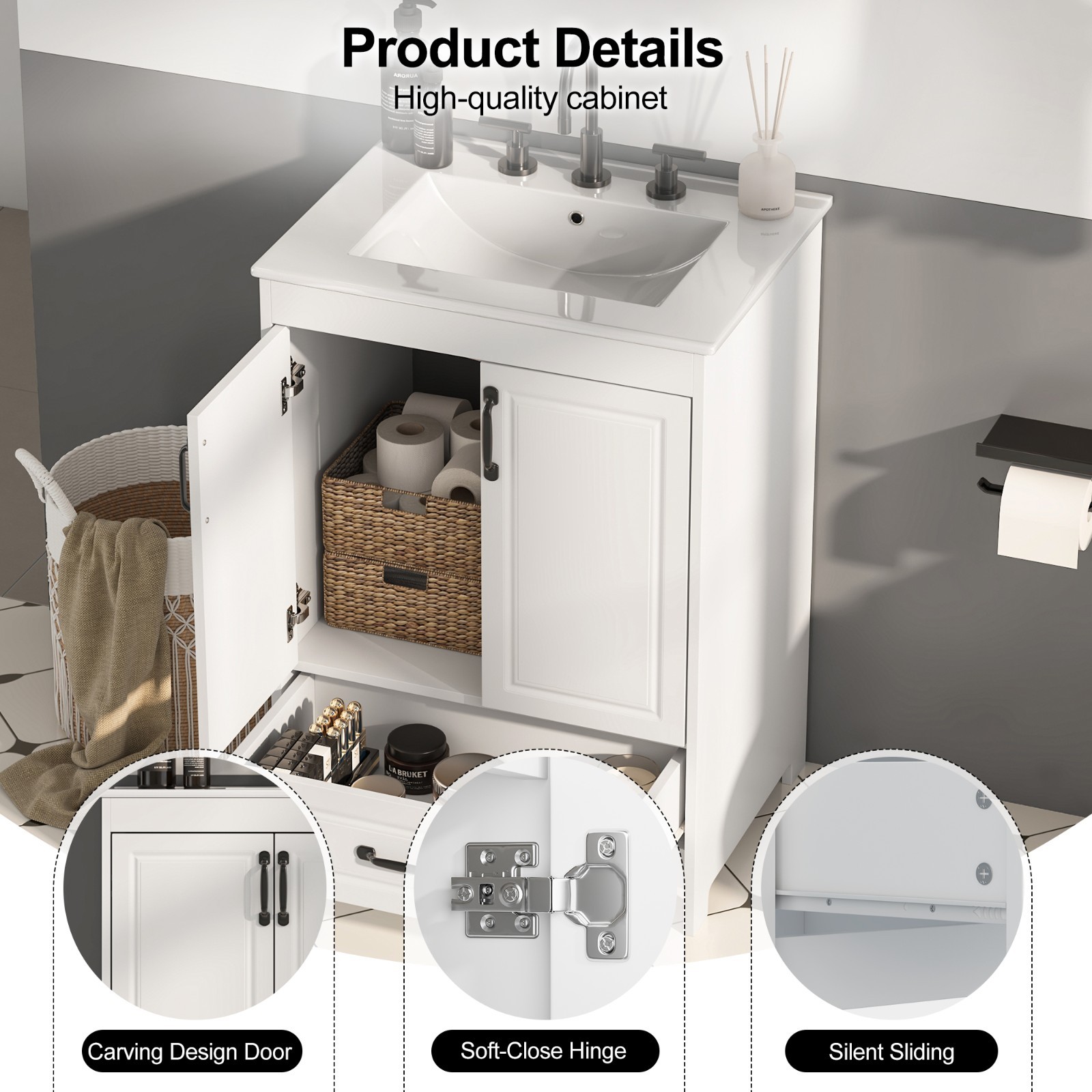 24″ Bathroom Vanity with Ceramic Sink Freestanding Storage Cabinet w/Drawer
