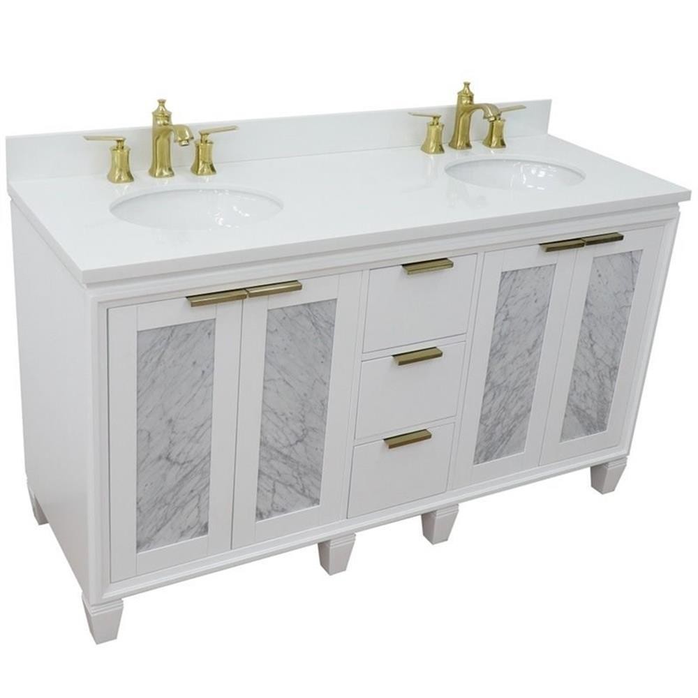 Pemberly Row 61″ Double Oval Sink Solid Wood Vanity in White/White Quartz Stone