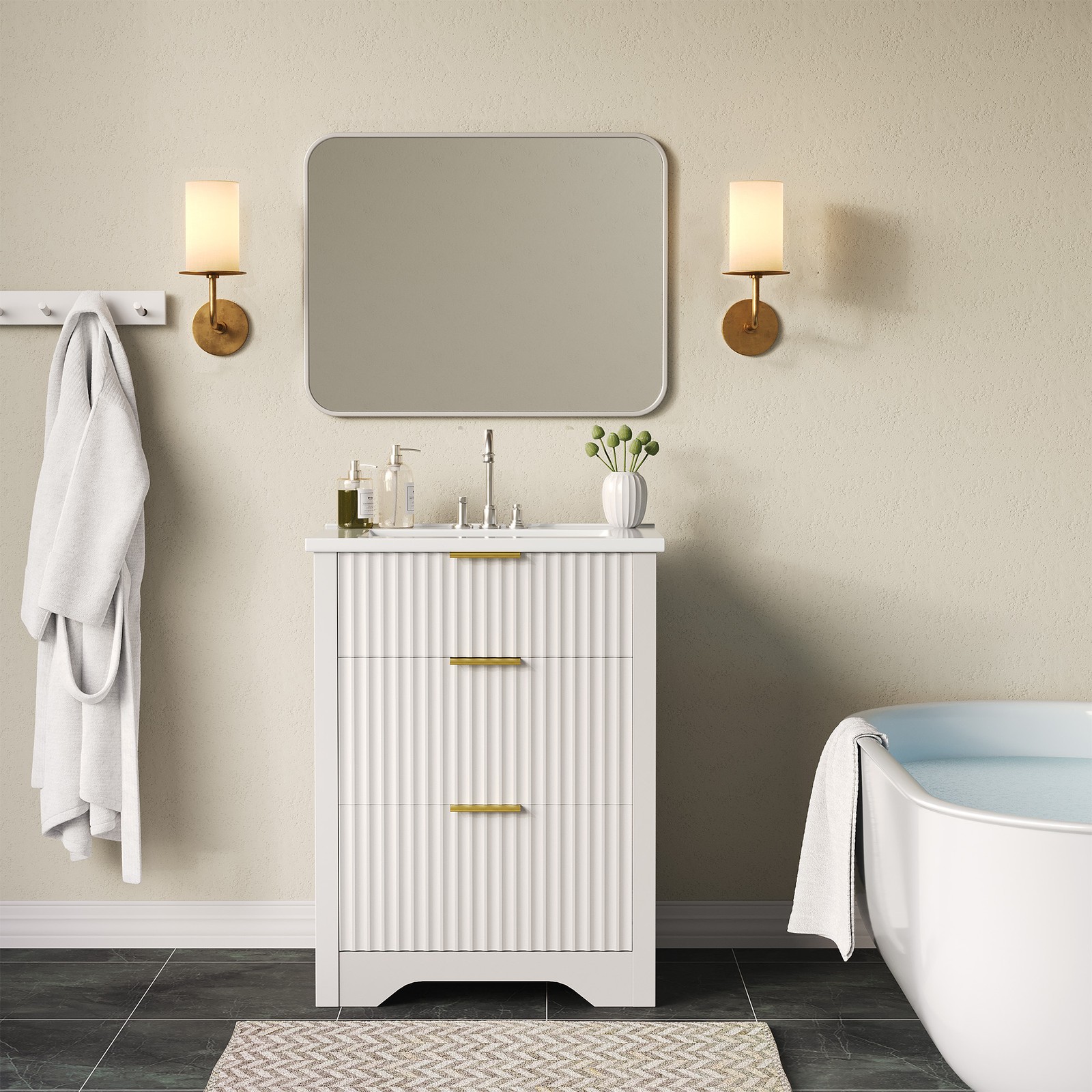 24” Fluted Bathroom Vanity w/Sink, Farmhouse Freestanding Bathroom Sink Cabinet