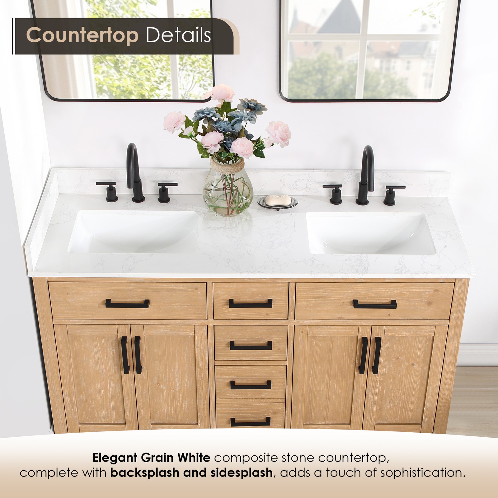 Gavino 60″ Wood Vanity in Light Brown with Composite Stone Top no Mirror