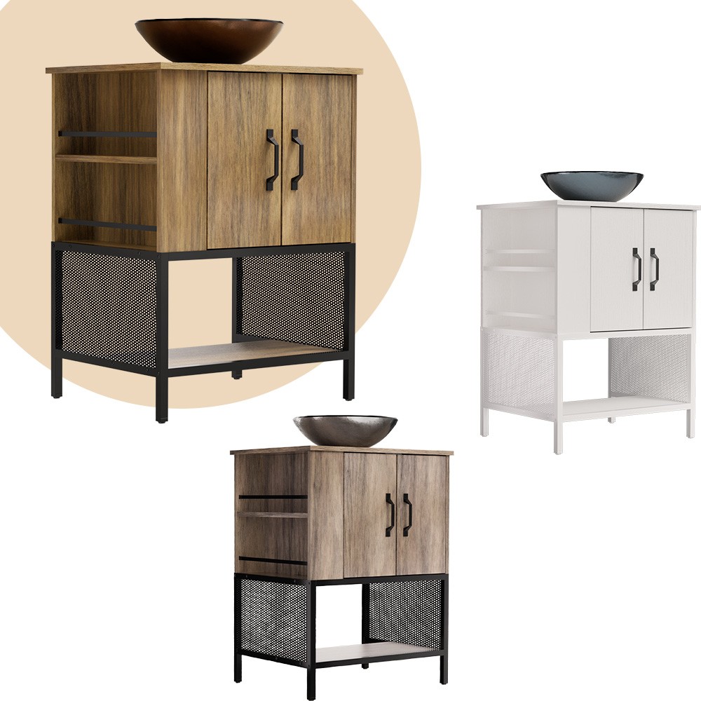 24″ Bathroom Vanity w/Tempered Glass Vessel Freestanding Cabinet Open Shelf New