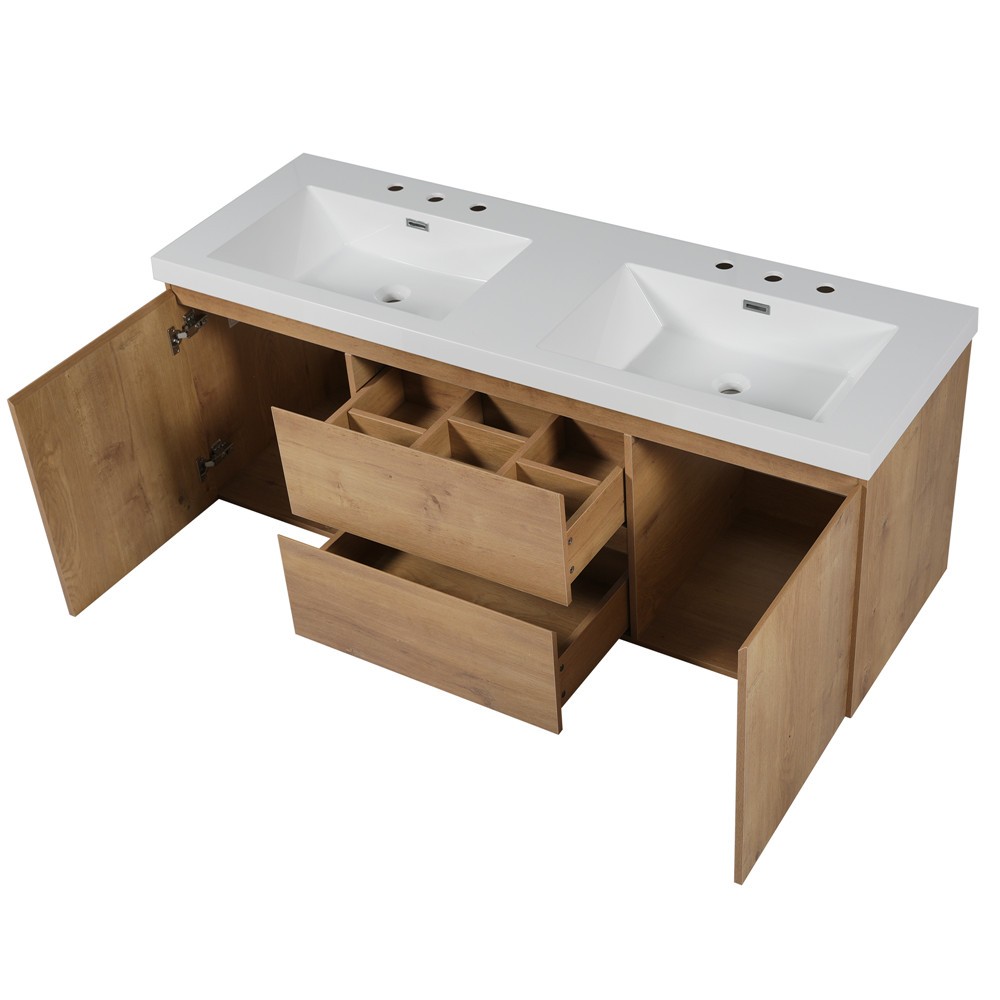 59″ Wall Mounted Bathroom Vanity w/Double Sink, Floating Vanity Cabinet,2 Drawer