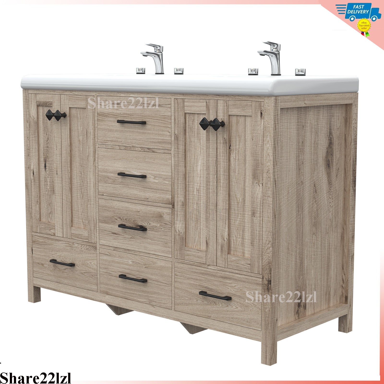 47″ Bathroom Vanity Set Double Sink Ceramic Freestanding Wood Cabinet w/ Drawers