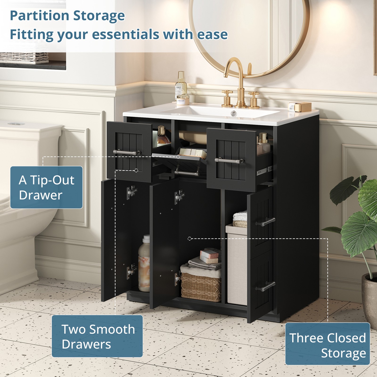 30inch Bathroom Vanity w/Undermount Sink & Drawers Modern Bathroom Cabinet Black