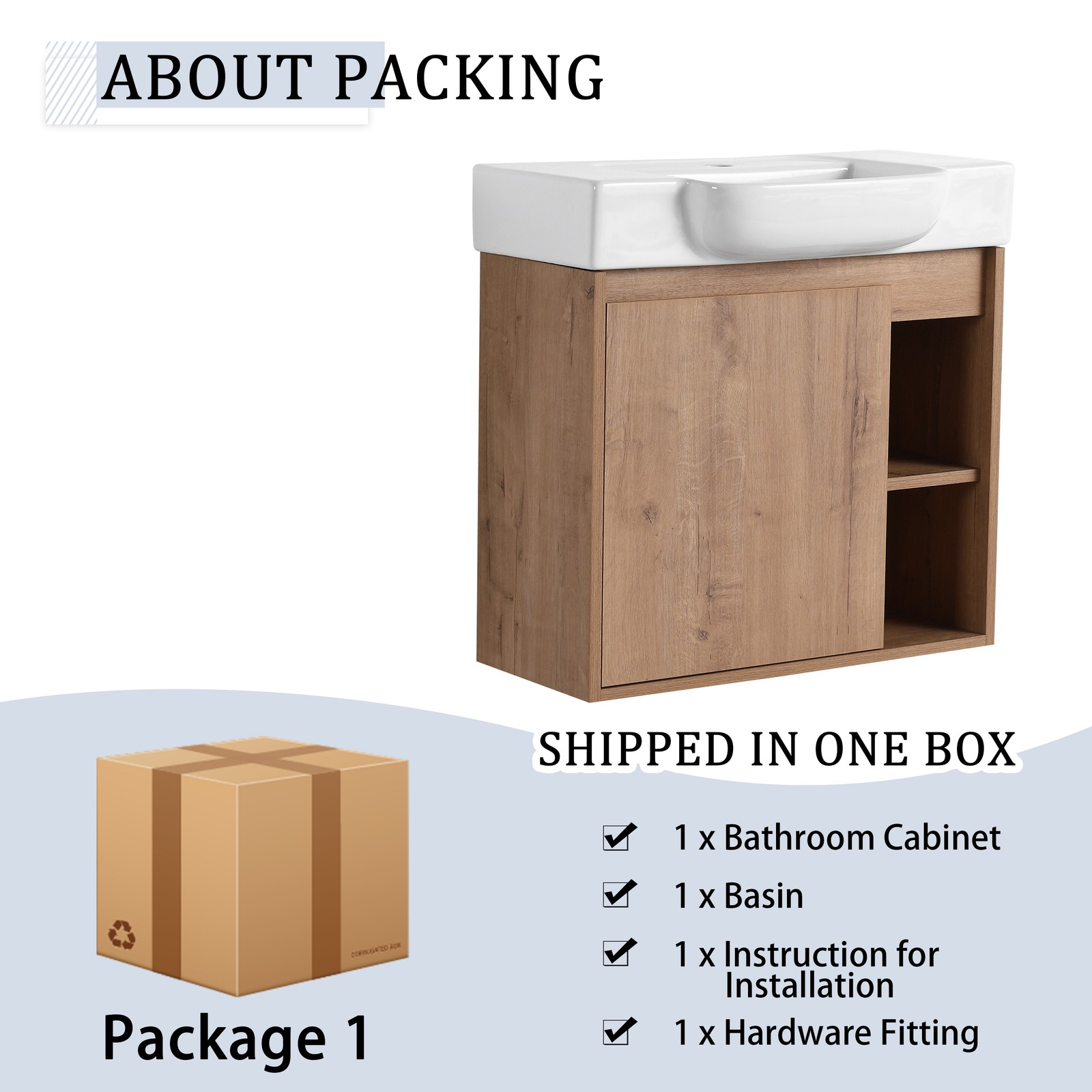 24” Plywood Wall-Mounted Bathroom Vanity W/ White Ceramic Sink For Small Space