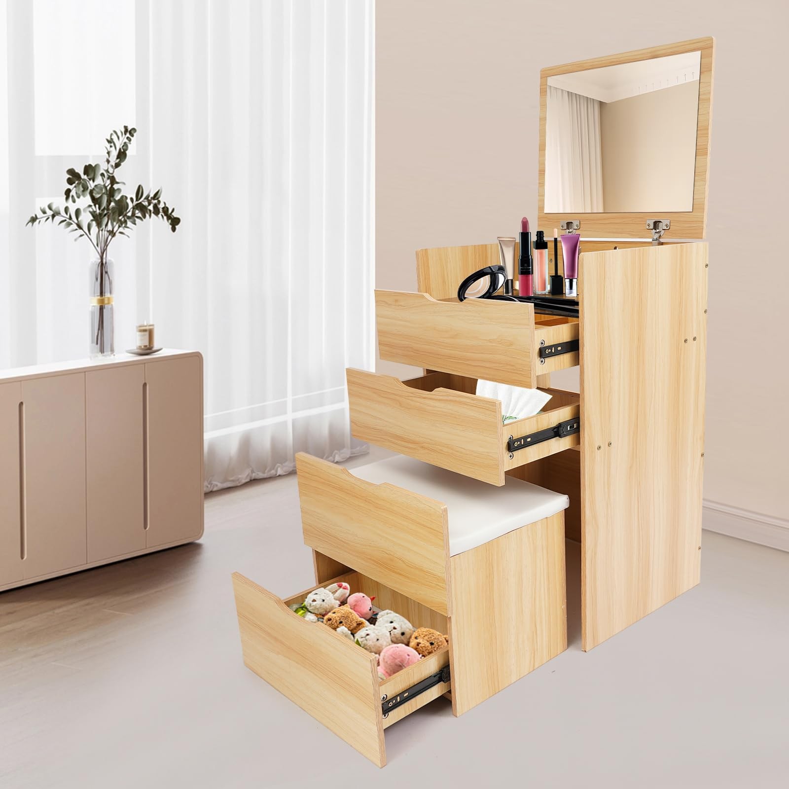 Compact 3-in-1 Flip Top Vanity Desk with Mirror 3 Drawers Stool Log Color