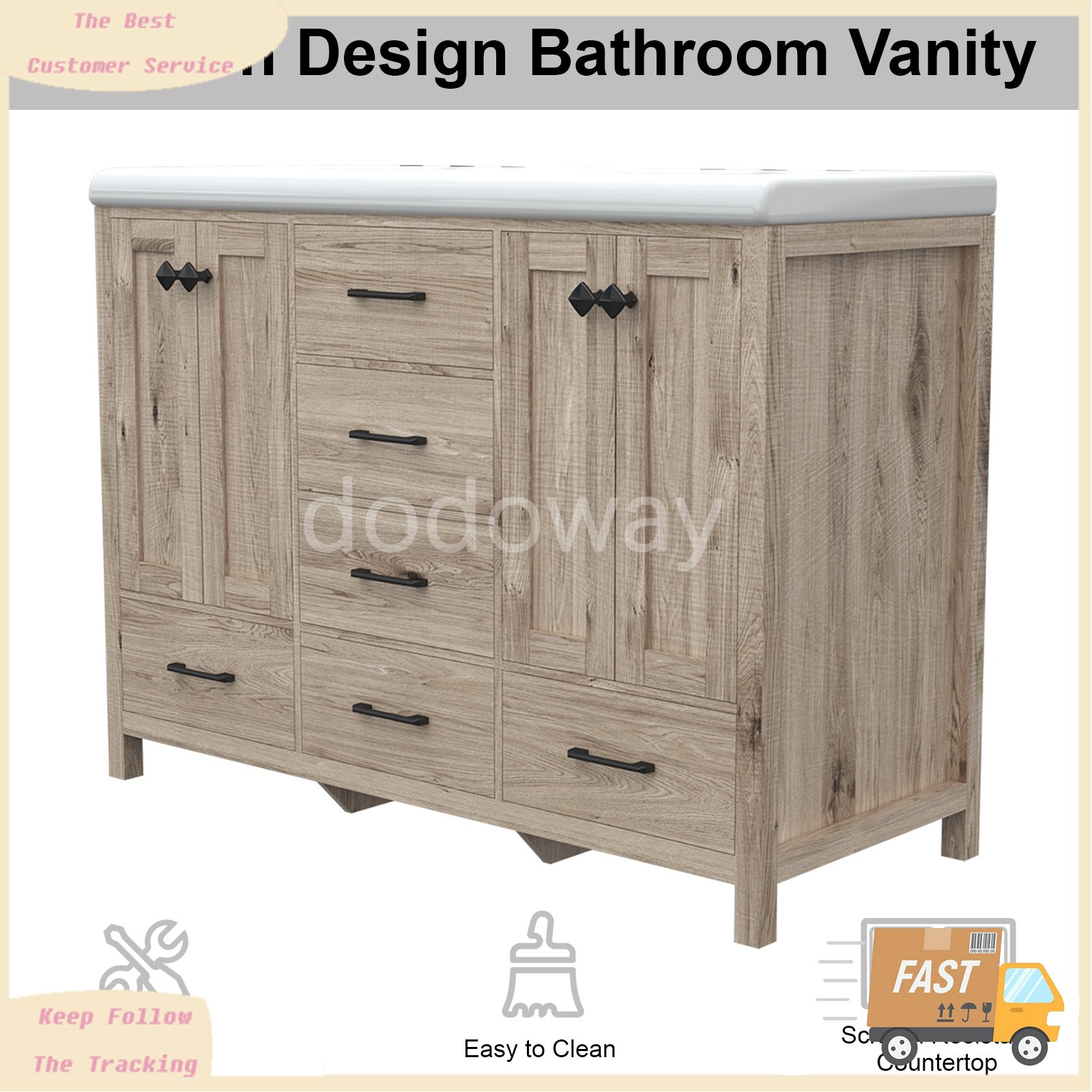 47″ Bathroom Vanity with Ceramic Sink Freestanding Storage Cabinet w/ 6 Drawers