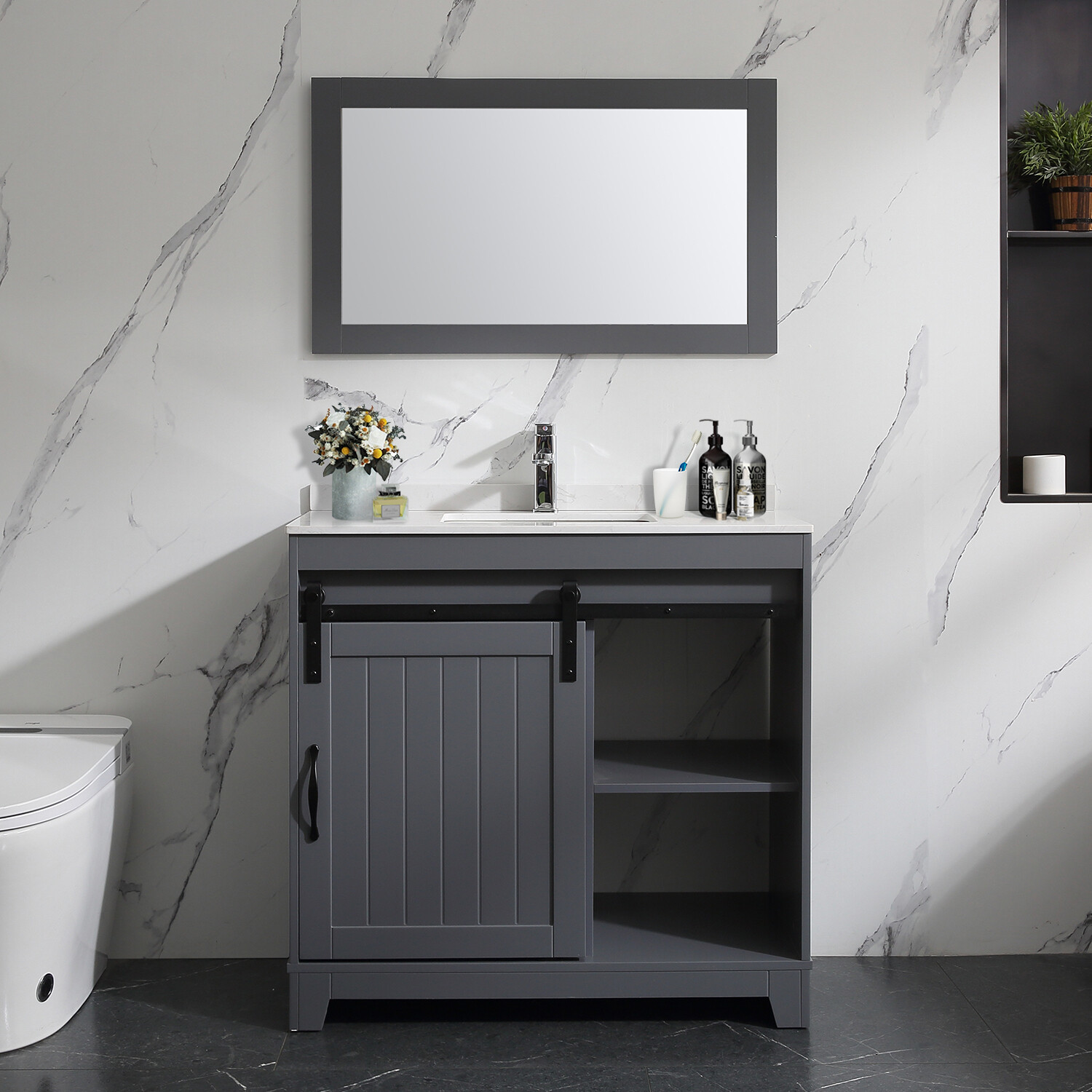 36″ Bathroom Vanity Matte Gray Cabinet Ceramic Sink w/Faucet Drain & Mirror