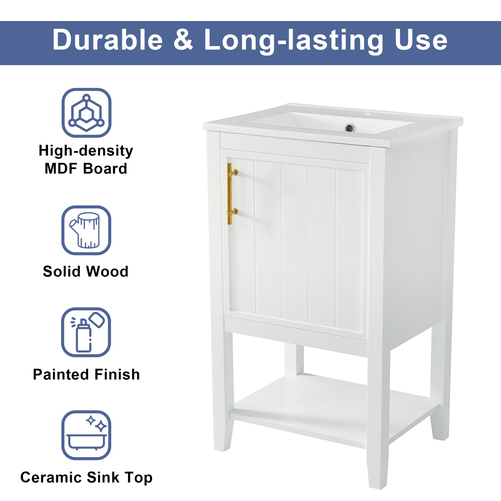 20″ Bathroom Vanity with Sink, Cabinet, Soft Close Door, White
