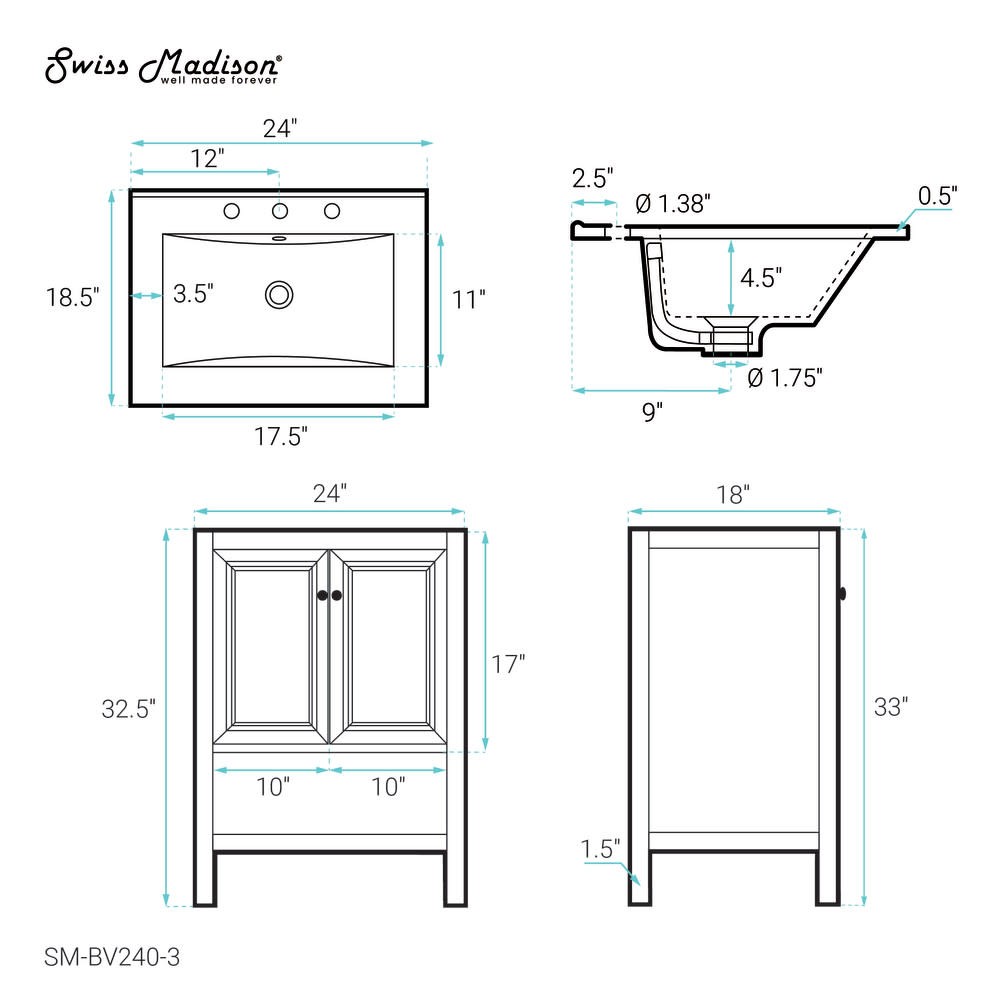Swiss Madison SM-BV240-3 Chateau 24″ – Golden Oak / White